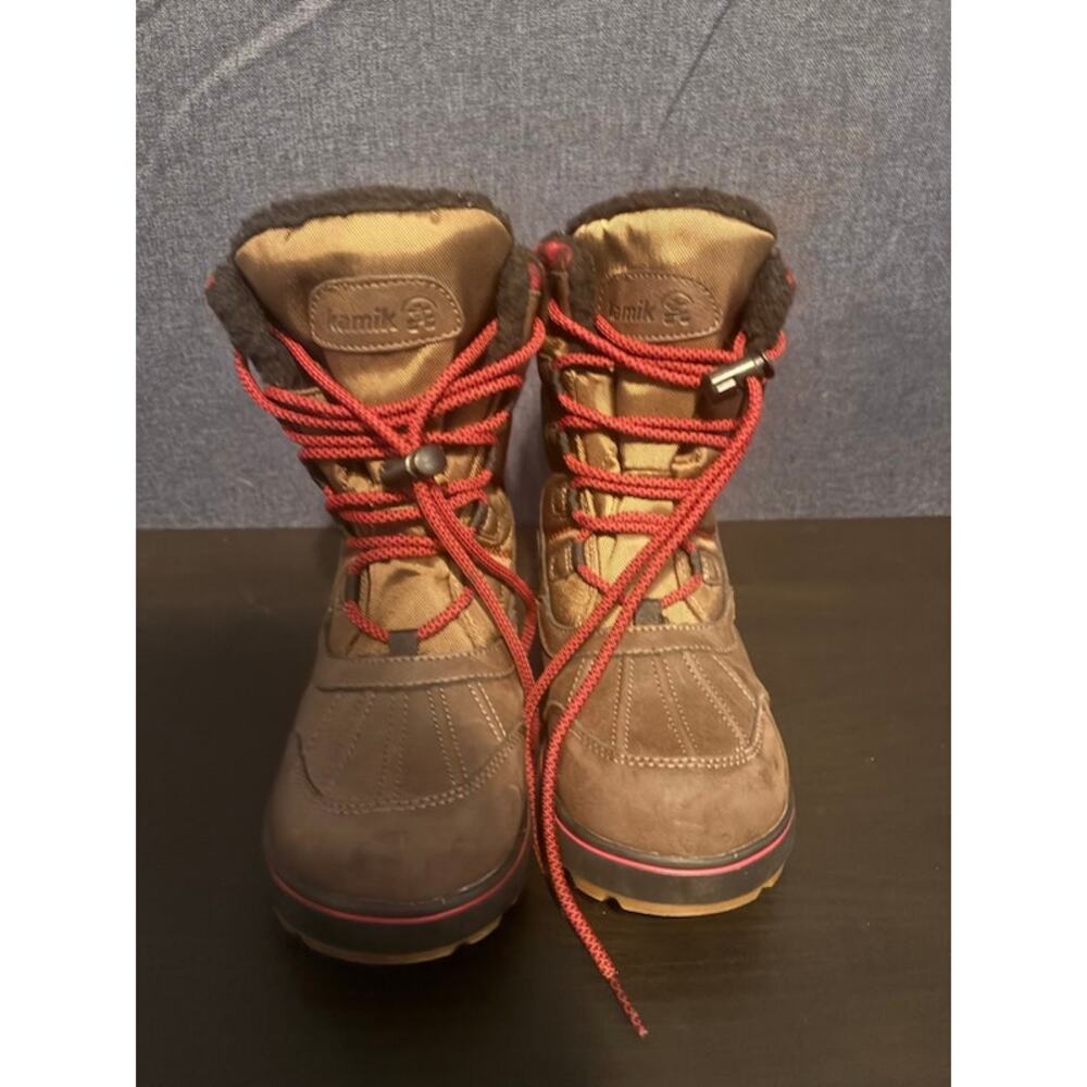 Kamik Kids' Sesame 200g Insulated Waterproof Winter Boots Brown Plaid Cuff sz 2